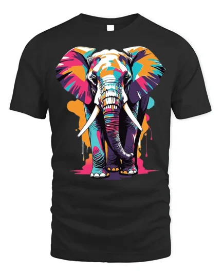 Colorful Elephant T-Shirt with Artistic Wildlife Design - black t-shirt on white background