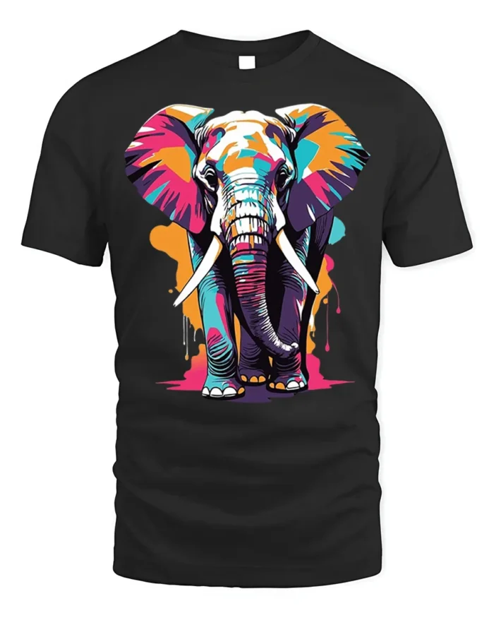 Colorful Elephant T-Shirt with Artistic Wildlife Design - black t-shirt on white background