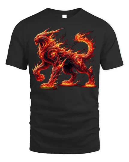 Fiery Fire Cat T-Shirt with Mythical Beast Flame Design - black t-shirt on white background