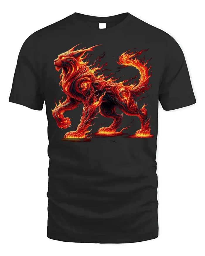 Fiery Fire Cat T-Shirt with Mythical Beast Flame Design - black t-shirt on white background