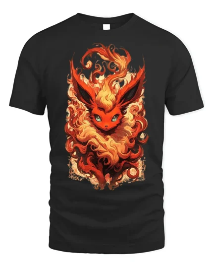 Flame Fox T-Shirt with Fiery Fantasy Creature Artwork - black t-shirt on white background