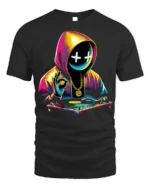 Neon DJ Hoodie Mask T-Shirt Urban Streetwear Vibe - black t-shirt on white background