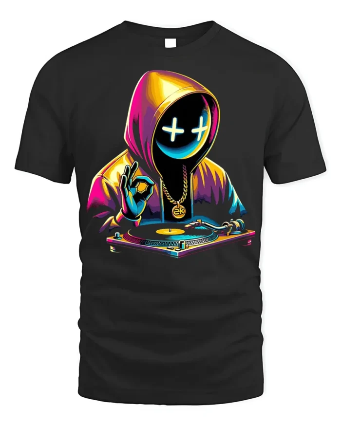 Neon DJ Hoodie Mask T-Shirt Urban Streetwear Vibe - black t-shirt on white background