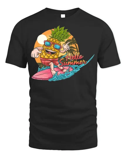 Hello Summer Pineapple T-Shirt with Surf Cartoon Design - black t-shirt on white background