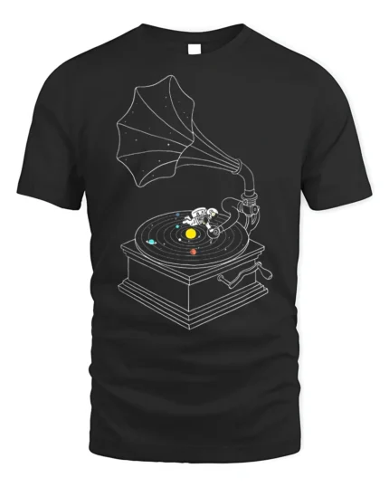 Astronaut Turntable Solar System T-Shirt Space Music - black t-shirt on white background