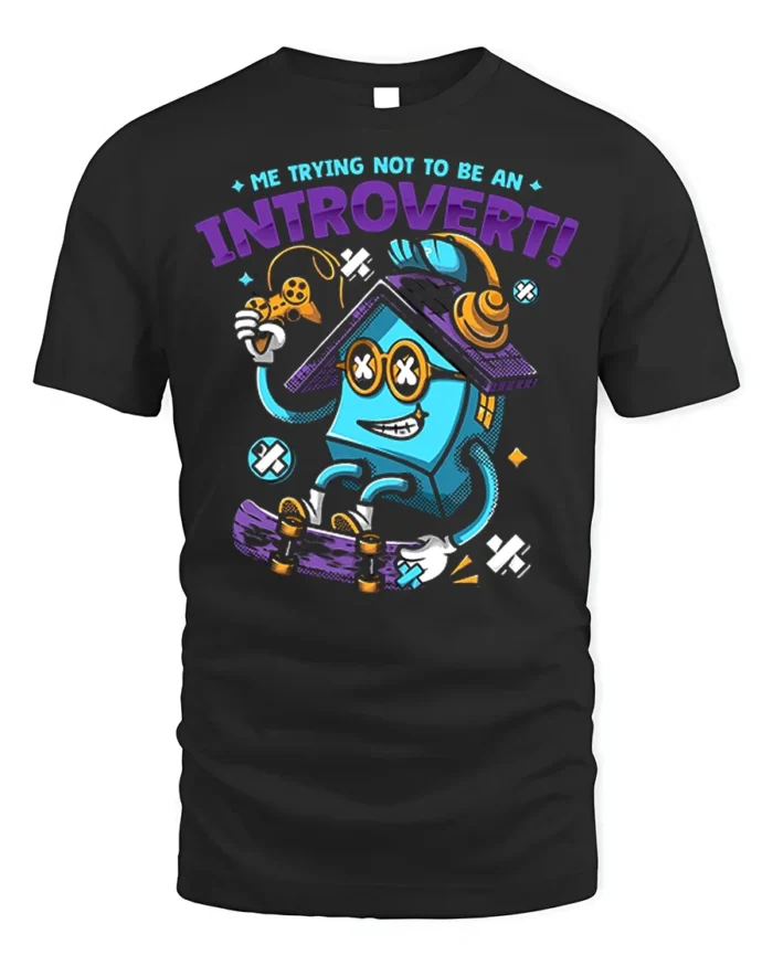 Funny Introvert T-Shirt Quirky Gamer Skater Cartoon - black t-shirt on white background