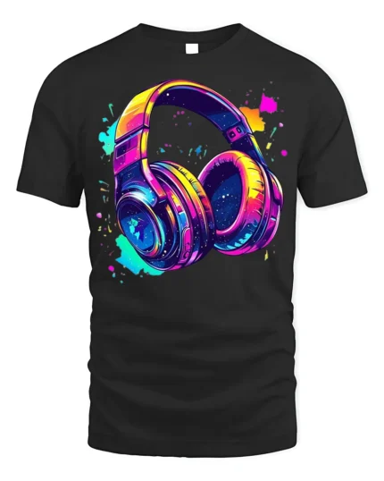 Colorful Headphones T-Shirt Neon Music Vibe Graphic - black t-shirt on white background