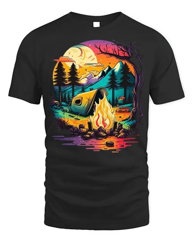 Sunset Camping T-Shirt Colorful Campfire Forest Scene - black t-shirt on white background