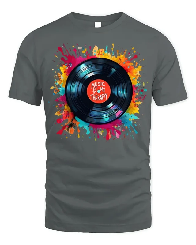 Music Is My Therapy T-Shirt Color Splash Vinyl Design - gray t-shirt on white background