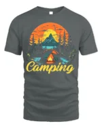 Vintage Camping T-Shirt Tent Fire Forest Mountain Sunset - gray t-shirt on white background