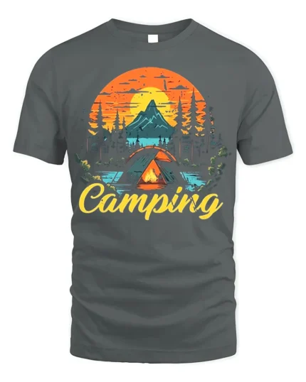 Vintage Camping T-Shirt Tent Fire Forest Mountain Sunset - gray t-shirt on white background
