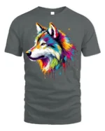 Colorful Wolf T-Shirt with Artistic Tribal Style Design - gray t-shirt on white background