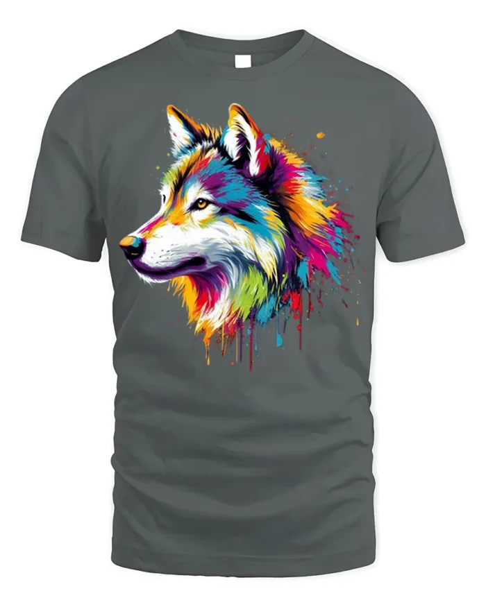 Colorful Wolf T-Shirt with Artistic Tribal Style Design - gray t-shirt on white background