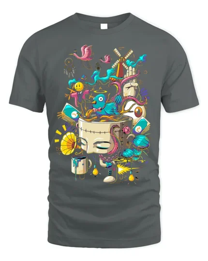 Surreal Art Explosion T-Shirt with Abstract Dream Design - gray t-shirt on white background