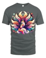 Colorful Nine Tailed Fox T-Shirt with Fantasy Art Design - gray t-shirt on white background