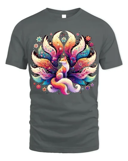 Colorful Nine Tailed Fox T-Shirt with Fantasy Art Design - gray t-shirt on white background