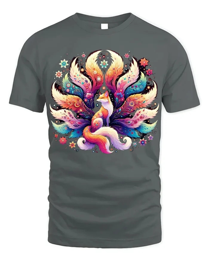Colorful Nine Tailed Fox T-Shirt with Fantasy Art Design - gray t-shirt on white background