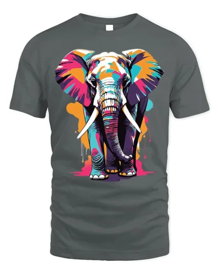 Colorful Elephant T-Shirt with Artistic Wildlife Design - gray t-shirt on white background