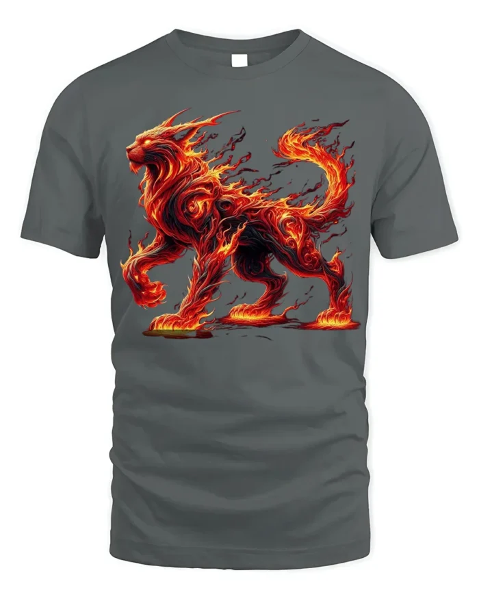 Fiery Fire Cat T-Shirt with Mythical Beast Flame Design - gray t-shirt on white background