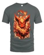Flame Fox T-Shirt with Fiery Fantasy Creature Artwork - gray t-shirt on white background