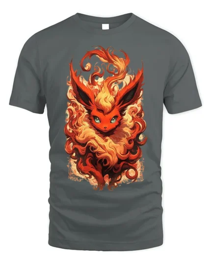 Flame Fox T-Shirt with Fiery Fantasy Creature Artwork - gray t-shirt on white background