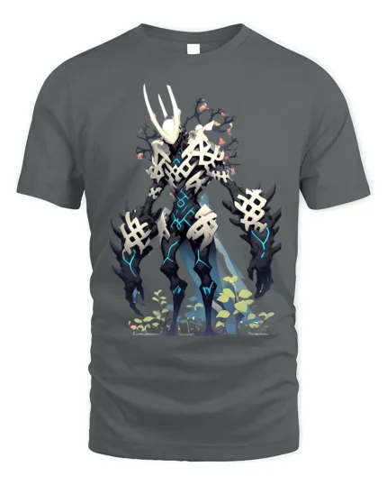 Cyber Skeleton Warrior T-Shirt with Sci-Fi Battle Design - gray t-shirt on white background