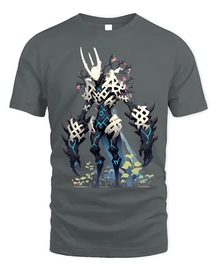 Cyber Skeleton Warrior T-Shirt with Sci-Fi Battle Design - gray t-shirt on white background