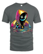 Neon DJ Hoodie Mask T-Shirt Urban Streetwear Vibe - gray t-shirt on white background