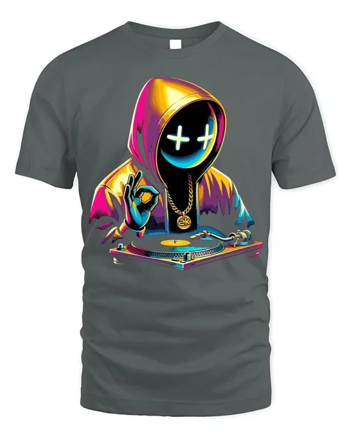 Neon DJ Hoodie Mask T-Shirt Urban Streetwear Vibe - gray t-shirt on white background