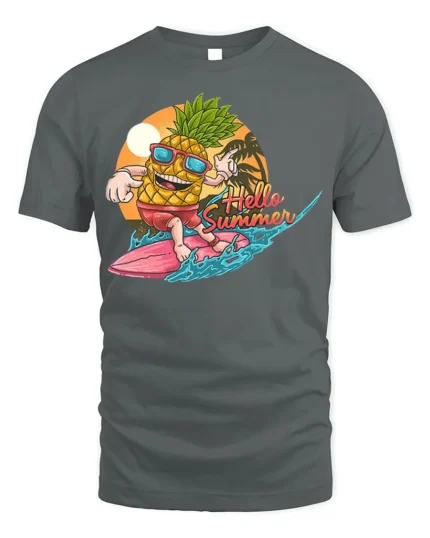 Hello Summer Pineapple T-Shirt with Surf Cartoon Design - gray t-shirt on white background