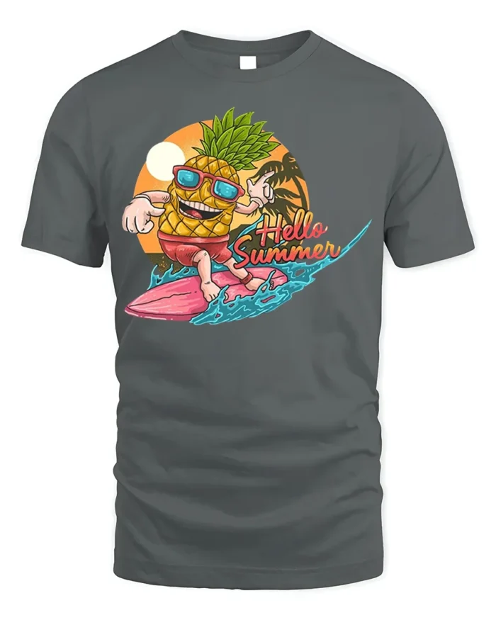 Hello Summer Pineapple T-Shirt with Surf Cartoon Design - gray t-shirt on white background