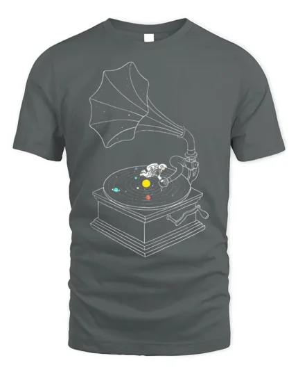 Astronaut Turntable Solar System T-Shirt Space Music - gray t-shirt on white background