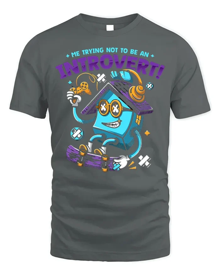 Funny Introvert T-Shirt Quirky Gamer Skater Cartoon - gray t-shirt on white background