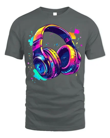 Colorful Headphones T-Shirt Neon Music Vibe Graphic - gray t-shirt on white background