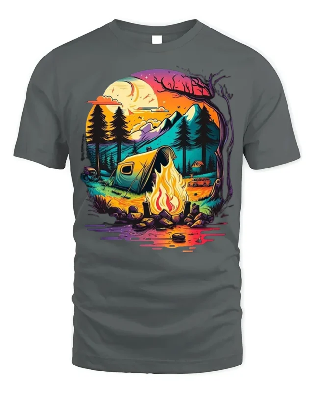 Sunset Camping T-Shirt Colorful Campfire Forest Scene - gray t-shirt on white background