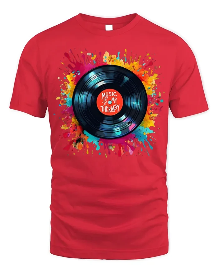 Music Is My Therapy T-Shirt Color Splash Vinyl Design - red t-shirt on white background