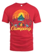 Vintage Camping T-Shirt Tent Fire Forest Mountain Sunset - red t-shirt on white background