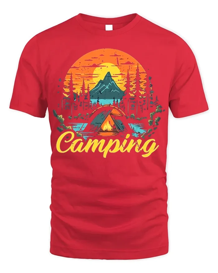 Vintage Camping T-Shirt Tent Fire Forest Mountain Sunset - red t-shirt on white background