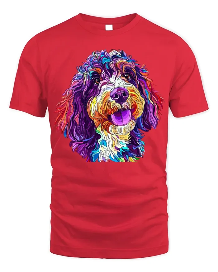 Colorful Dog Art T-Shirt for Dog Lovers and Pet Owners - red t-shirt on white background