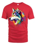 Colorful Wolf T-Shirt with Artistic Tribal Style Design - red t-shirt on white background
