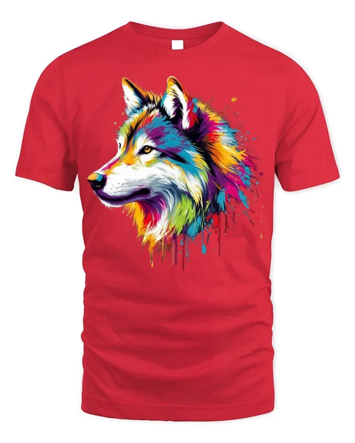 Colorful Wolf T-Shirt with Artistic Tribal Style Design - red t-shirt on white background