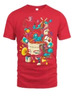 Surreal Art Explosion T-Shirt with Abstract Dream Design - red t-shirt on white background