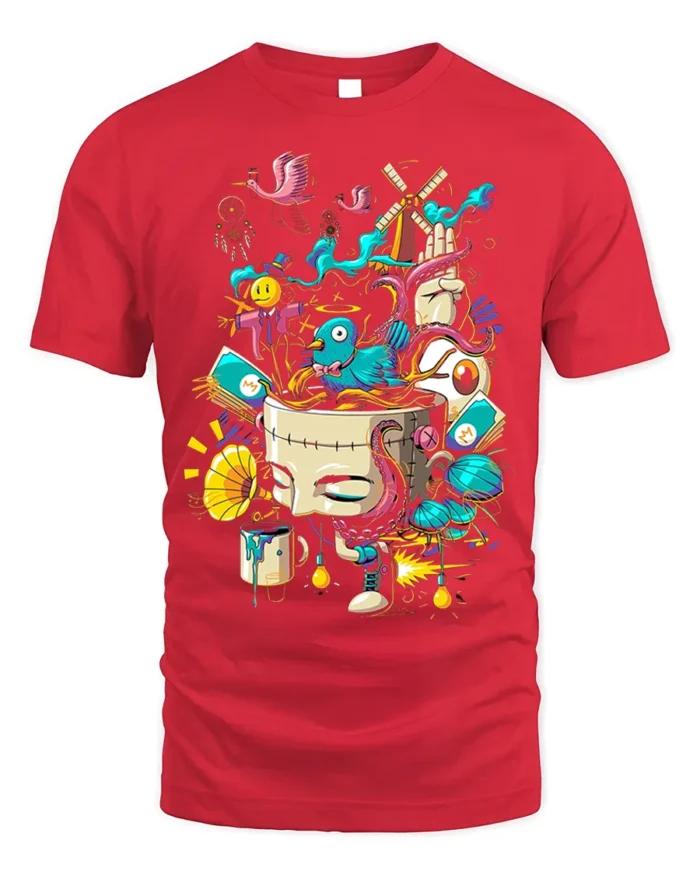 Surreal Art Explosion T-Shirt with Abstract Dream Design - red t-shirt on white background
