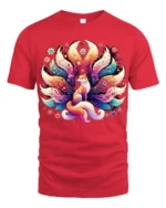 Colorful Nine Tailed Fox T-Shirt with Fantasy Art Design - red t-shirt on white background