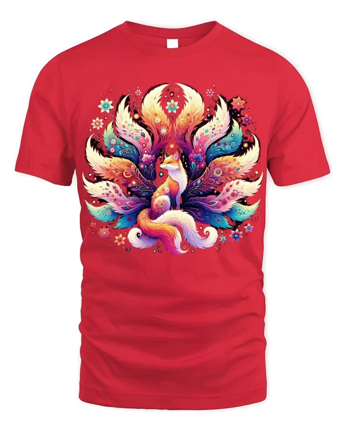 Colorful Nine Tailed Fox T-Shirt with Fantasy Art Design - red t-shirt on white background