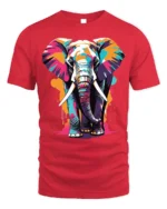 Colorful Elephant T-Shirt with Artistic Wildlife Design - red t-shirt on white background