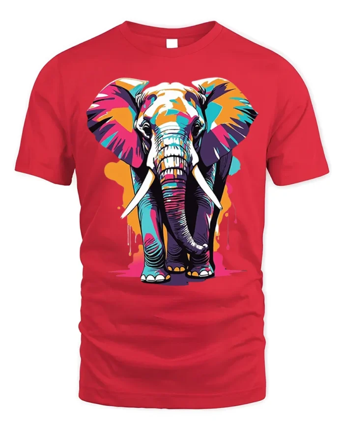 Colorful Elephant T-Shirt with Artistic Wildlife Design - red t-shirt on white background