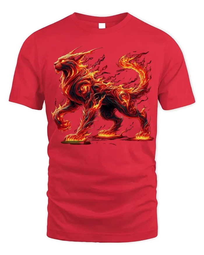 Fiery Fire Cat T-Shirt with Mythical Beast Flame Design - red t-shirt on white background