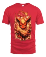 Flame Fox T-Shirt with Fiery Fantasy Creature Artwork - red t-shirt on white background