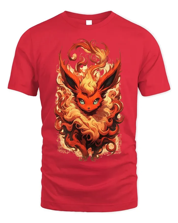 Flame Fox T-Shirt with Fiery Fantasy Creature Artwork - red t-shirt on white background